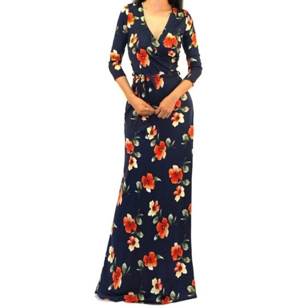 Navy Rust Floral Faux Wrap Evening Casual Maxi Dress